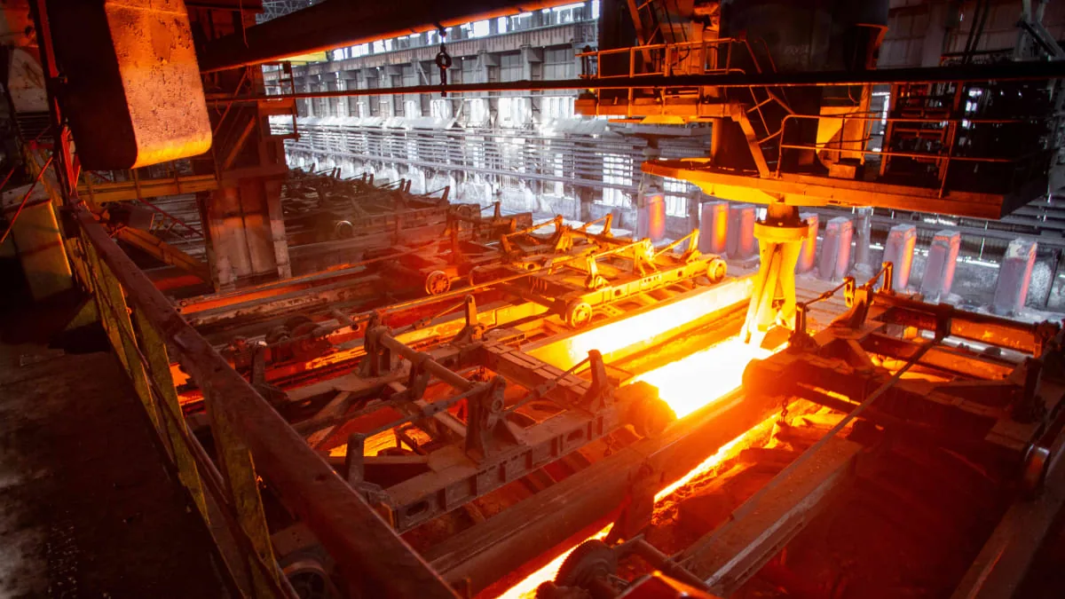 Steel mill floor with overhead cranes
